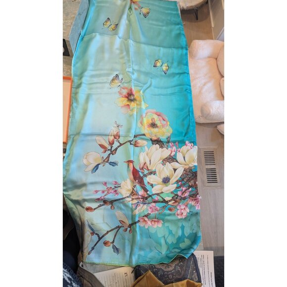 Mish 100% Mulberry Silk Shawl- Blue Scarf with Cherry Blossoms and Birds - Picture 4 of 8
